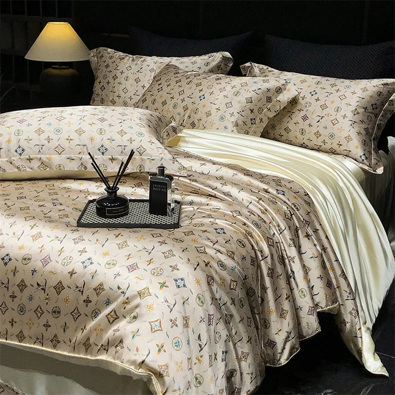 Floral Silk Bedding Set with Duvet Cover Bed Sheet Pillowcase Luxury Couple Single Double King Queen Soft Bedsheet Nordic Smooth