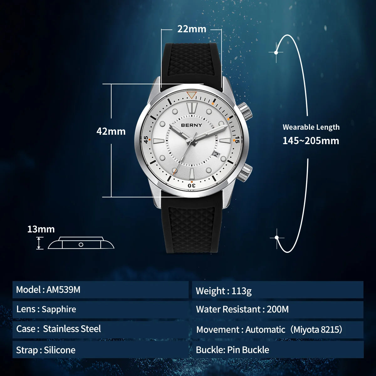 BERNY Automatic Diver Men Watch 200M Waterproof Miyota 8215 Sappire AR Coated Silicone Sports Swim Wristwatch Men's Diver Watch