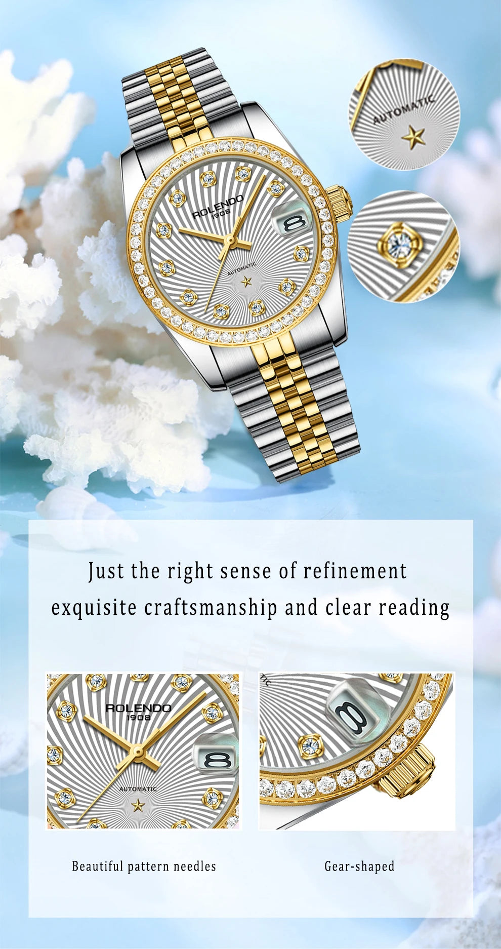 ROLENDO Classic Date Watches for Woman 32mm Sapphire Crystal 30ATM Butterfly Buckle Gold Luxury Diamond-set Automatic Wristwatch
