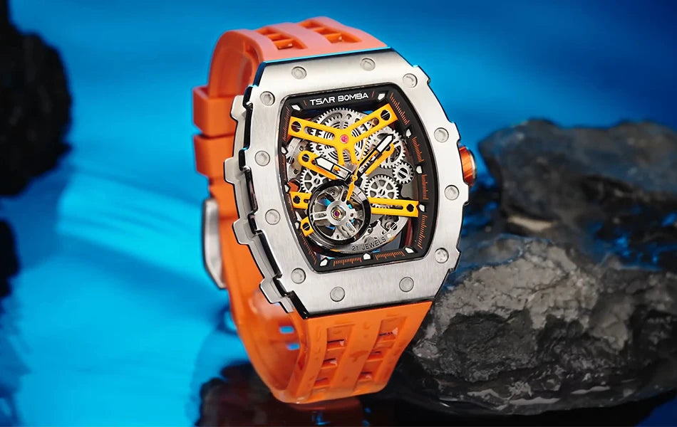 TSAR BOMBA Automatic Watch for Men Waterproof Watch Tonneau Stainless steel Mechanical Wristwatch Silicone Strap Luxury Gift