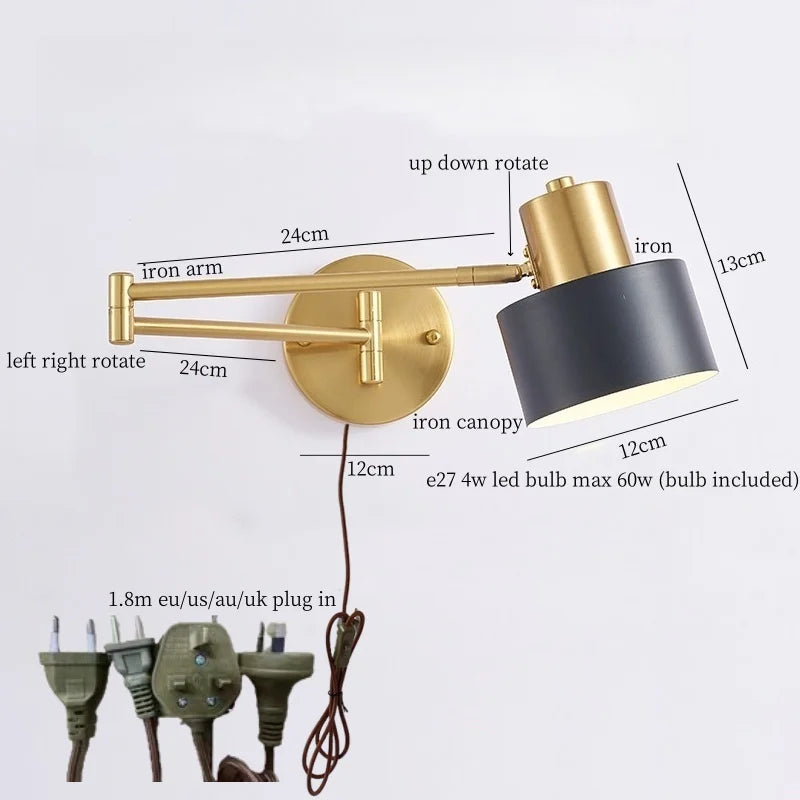 IWHD Golden Iron Art LED Wall Lights For Bedroom Kitchen Living Room Loft Mirror Bedside Lamp Swing Long Arm Lampade Da Parete
