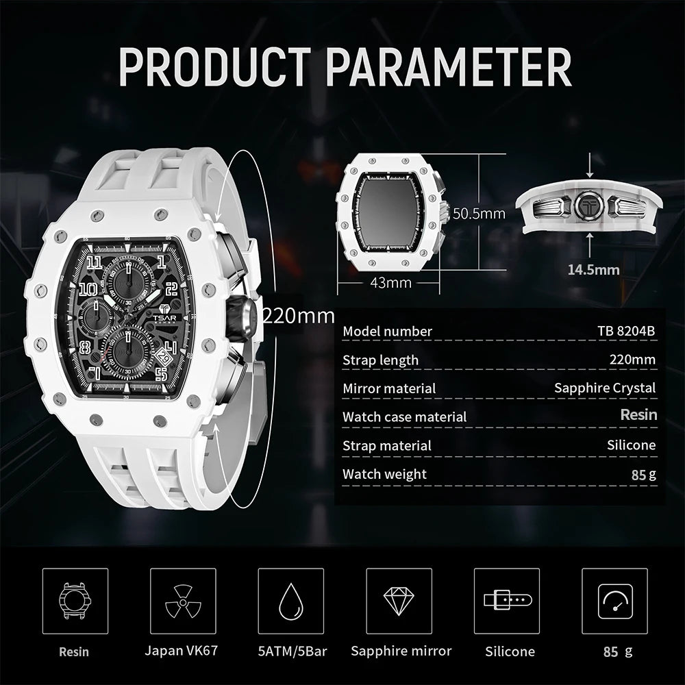 TSAR BOMBA Resin Watch for Men Tonneau Waterproof Mens Watches Top Brand Luxury Chronograph Sport Male White Wristwatches