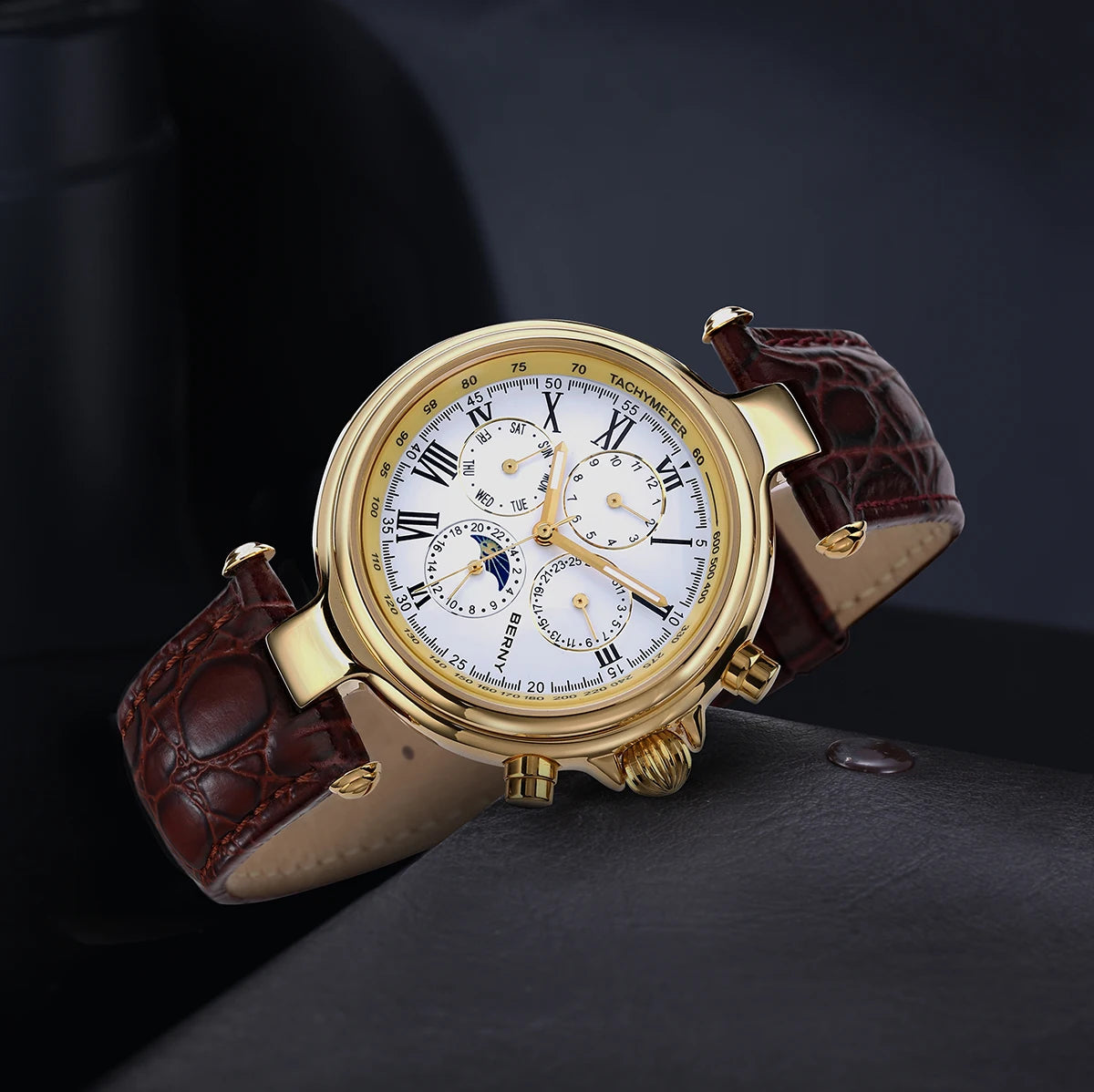 BERNY Retro-Automatikuhr für Herren mit Sonnen- und Mondphasenanzeige, luxuriöse mechanische Armbanduhr, leuchtende Möwe ST1652, klassische Herrenuhr