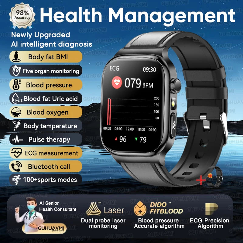 2025 New AI Human Health diagnosis ECG+HRV Smart Watch Blood Pressure Uric acid Blood lipid Bluetooth Call Smartwatch Men Women