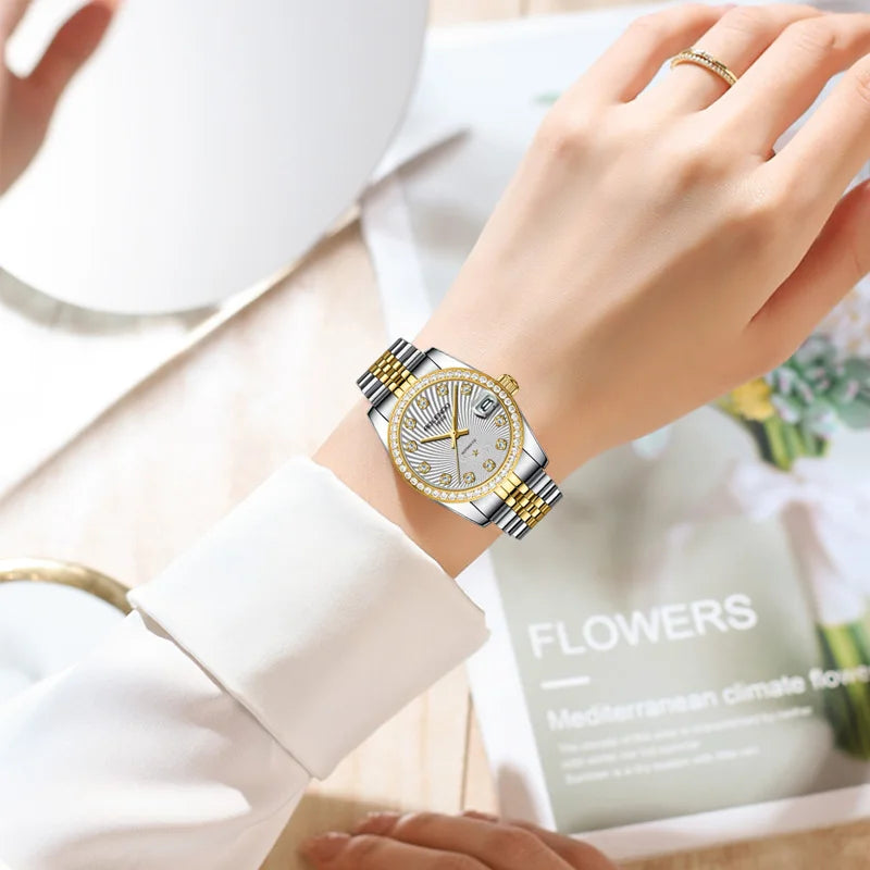 ROLENDO Classic Date Watches for Woman 32mm Sapphire Crystal 30ATM Butterfly Buckle Gold Luxury Diamond-set Automatic Wristwatch