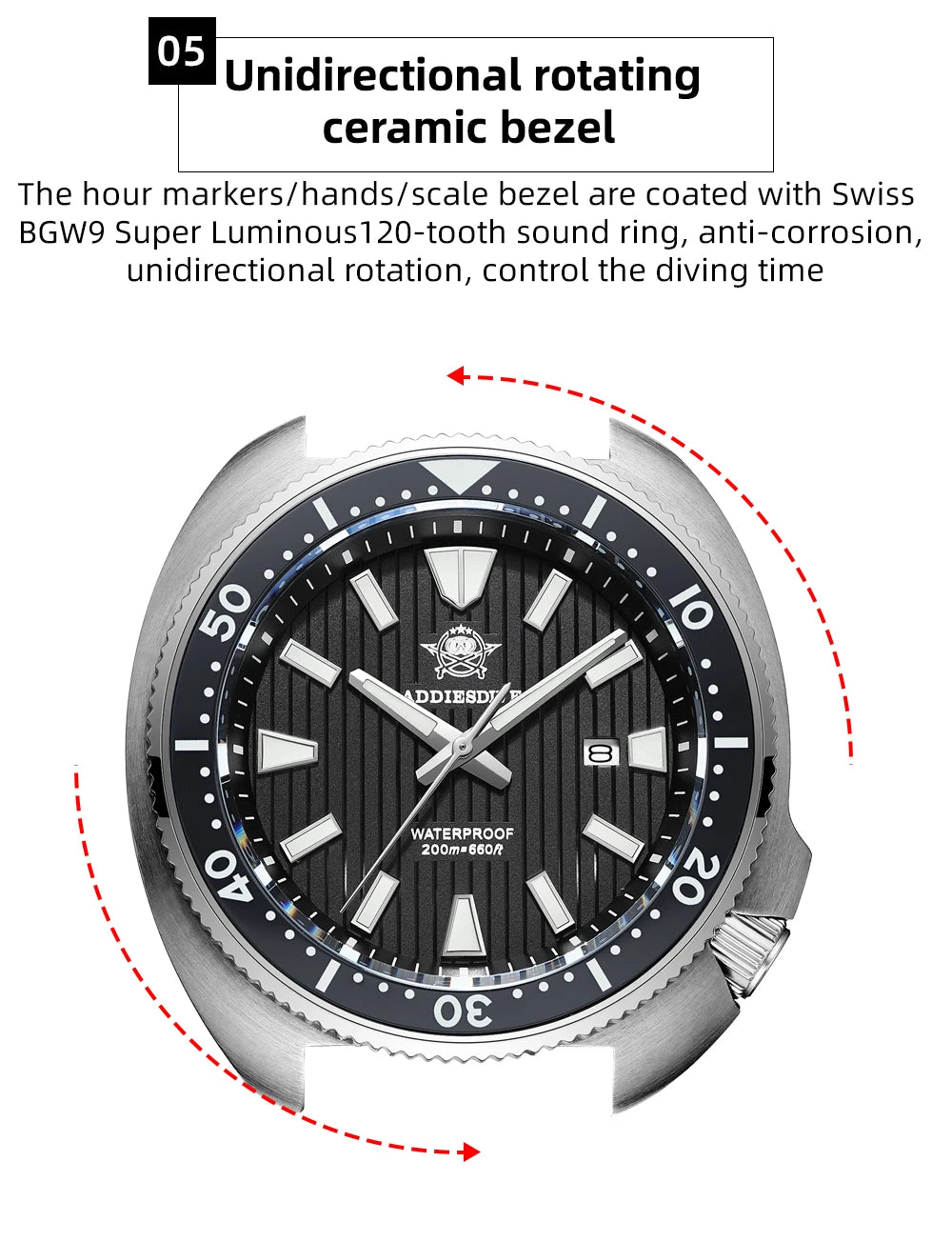 ADDIESDIVE Men's Watch Stainless Steel Sapphire Crystal Quartz Watch Men's Luminous 200M Waterproof Gift Men's Analog Watch