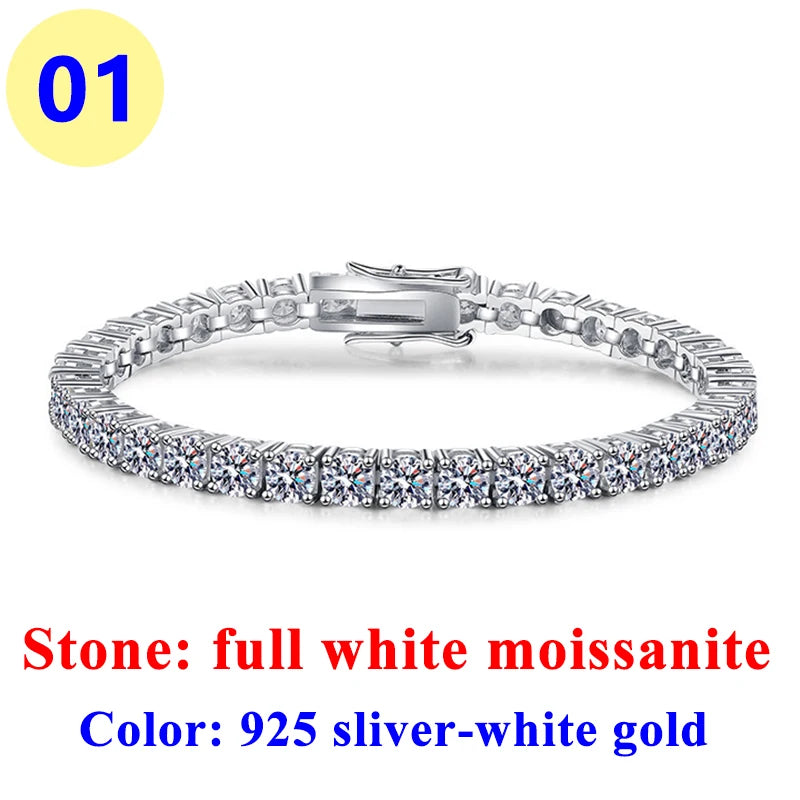 3MM Pink Full Moissanite Tennis HipHop Blue Green Yellow Purple Bracelet S925 Sliver Plated White Gold Bracelet for Women Men