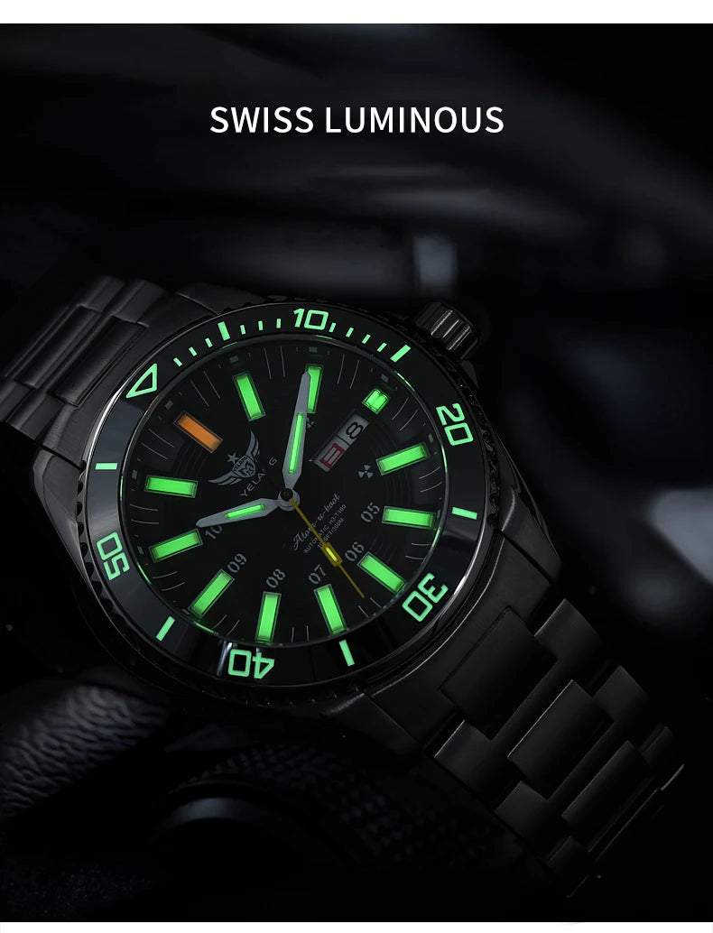 YELANG Automatic Mens Green Water Ghost Watches H3 T100 Self Luminous Wristwatch Waterproof 300m Turning Ceramic Bezel V1032