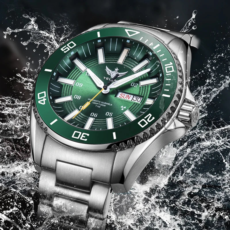 YELANG Automatic Mens Green Water Ghost Watches H3 T100 Self Luminous Wristwatch Waterproof 300m Turning Ceramic Bezel V1032