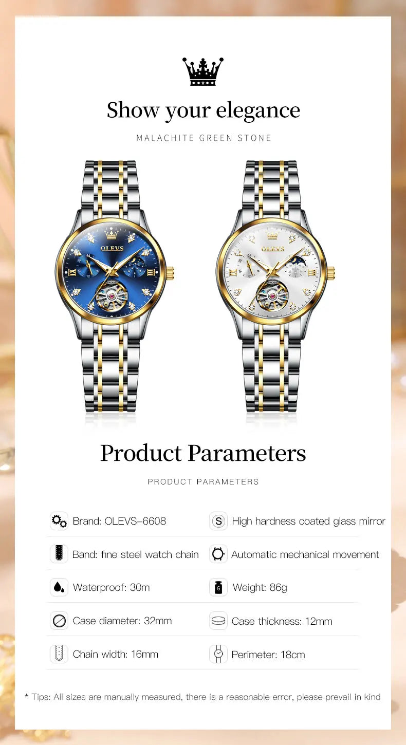 Montre femme OLEVS 6608, automatique, mécanique, étanche, en acier inoxydable, avec calendrier squelette.