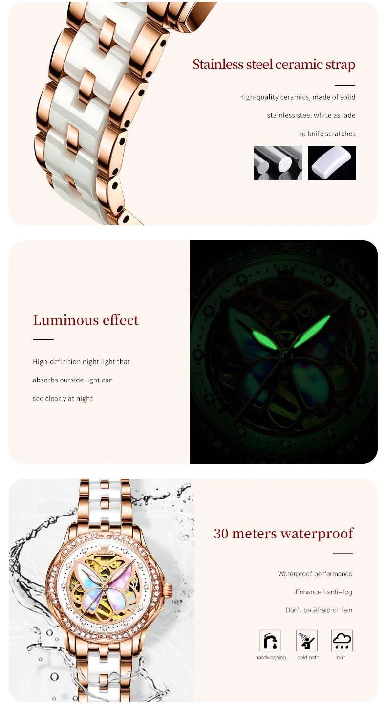 OLEVS 6615 Womens Watch Original Bezel Ceramic Mechanical Automatic Wristwatch Waterproof Luminous Ladies Watch Butterfly Dial
