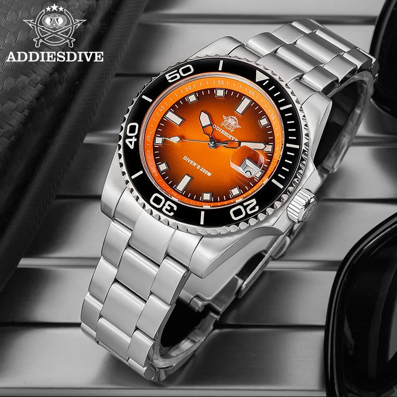 ADDIESDIVE New Men Watch AD2089 Diver 200m Waterproof Wristwatch Ceramic Bezel Luminous 316L Stainless Steel Quartz Watch AD2089