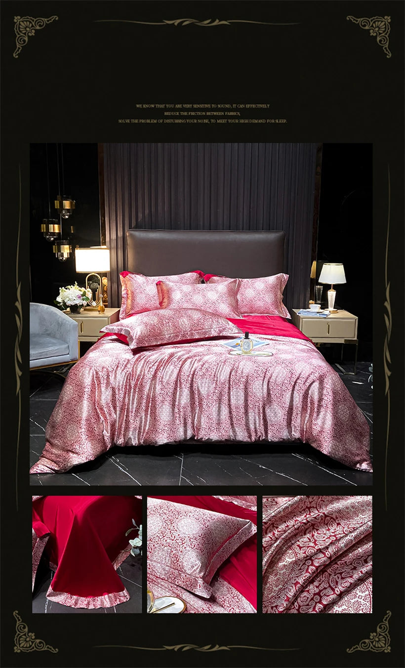 Floral Silk Bedding Set with Duvet Cover Bed Sheet Pillowcase Luxury Couple Single Double King Queen Soft Bedsheet Nordic Smooth