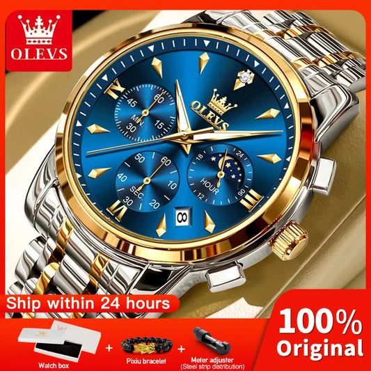 OLEVS 3639 Top Brand Original Luxury New Quartz Watch Stainless Steel Watch For Men Waterproof Luminous Moon Phase Mens Watch