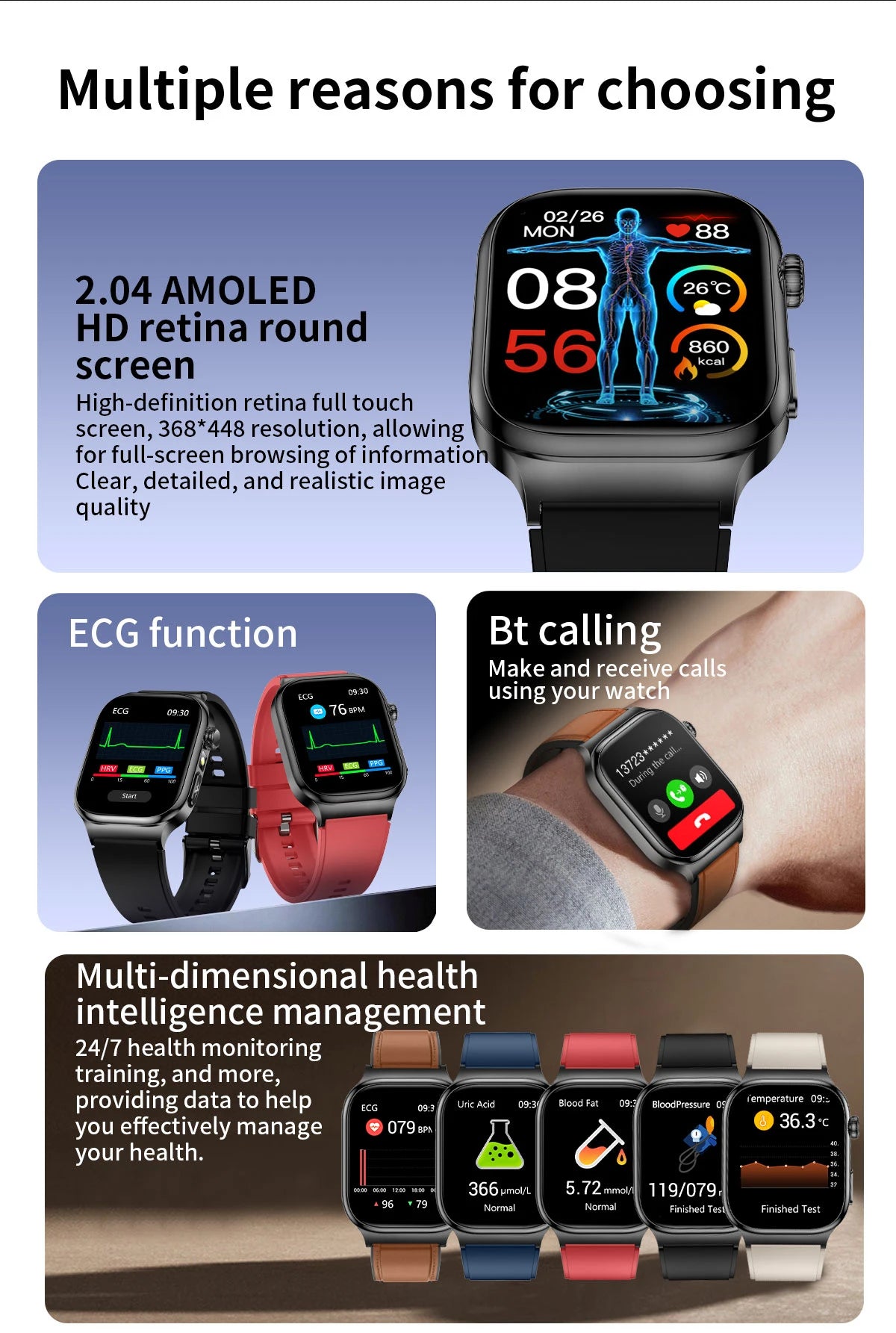 2025 New AI Human Health diagnosis ECG+HRV Smart Watch Blood Pressure Uric acid Blood lipid Bluetooth Call Smartwatch Men Women