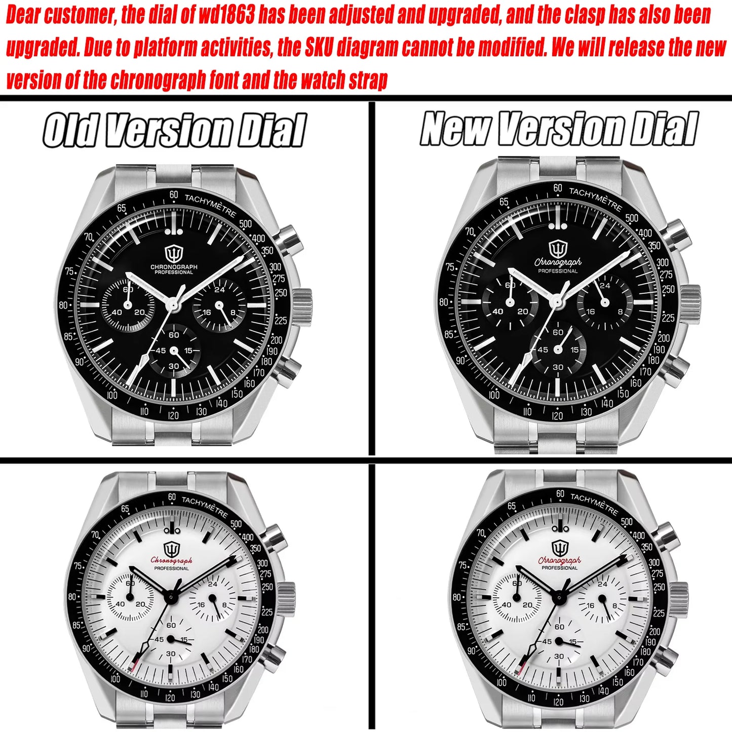 Watchdives WD1863 Quartz Watch VK63 Chronograph Movement Bubble Sapphire Crystal 10Bar Waterproof Luminous 39mm Vintage Watches