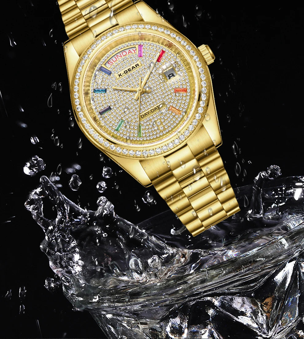 X-GEAR Men Luxury Watches Full diamond dial Diamond bezel Mechanical Watch Luminous Date Week Display Stainless Steel Case Strap