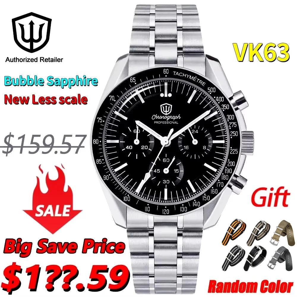 Watchdives WD1863 Quartz Watch VK63 Chronograph Movement Bubble Sapphire Crystal 10Bar Waterproof Luminous 39mm Vintage Watches