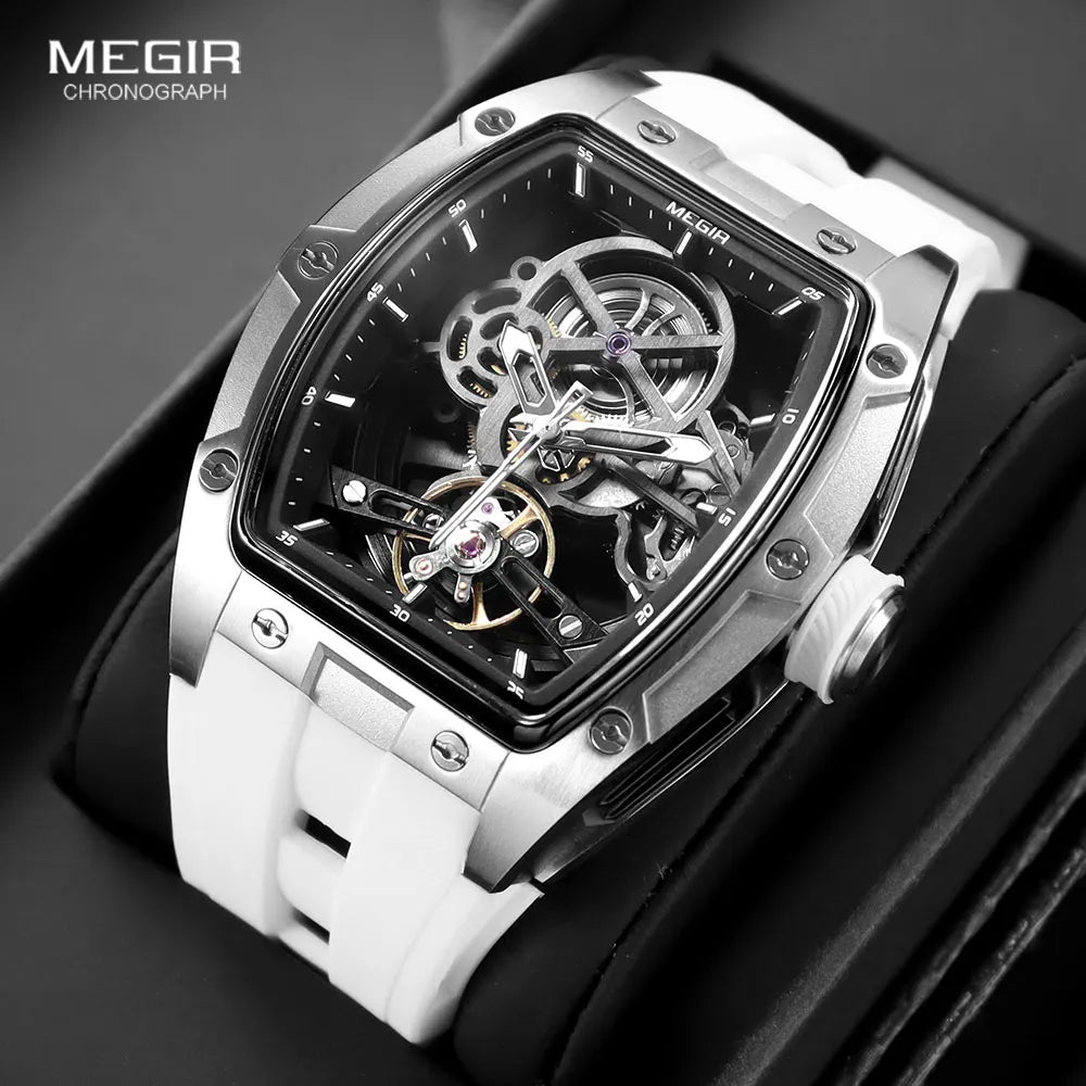MEGIR Men's Automatic Mechanical Watch with Stainless Steel Case Silicone Band Skeleton Dial Waterproof Sport Wristwatch
