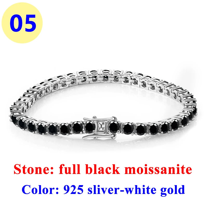 3MM Pink Full Moissanite Tennis HipHop Blue Green Yellow Purple Bracelet S925 Sliver Plated White Gold Bracelet for Women Men