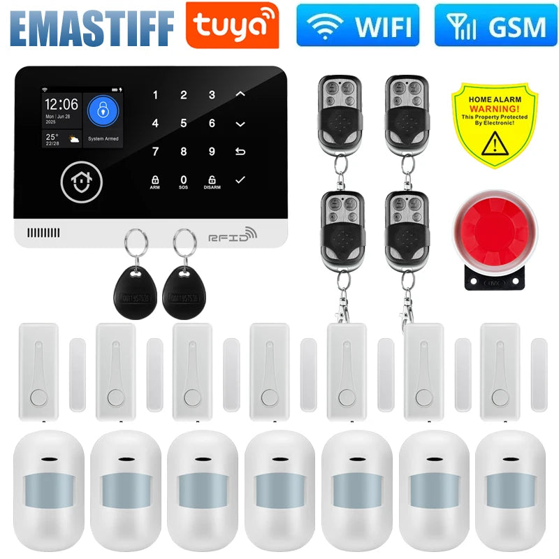 Wireless Tuya APP SIM GSM Home RFID Burglar Security LCD Touch Keyboard WIFI GSM Alarm System Sensor kit Russian,Spanish Voice