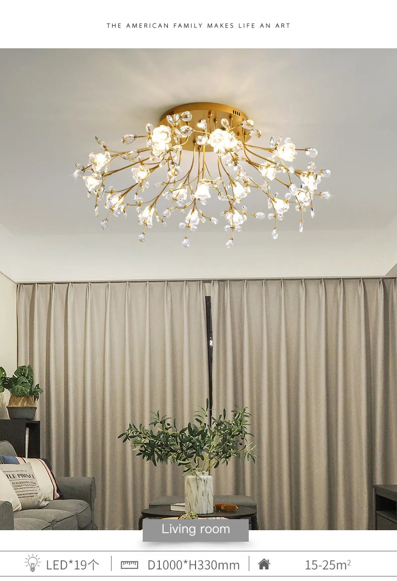 Luxury Crystal Flower Ceiling Light Gold LED Branch Tree Chandelier For Living Room Bedroom Villa Hotel Decor Bedside Wall Lamp