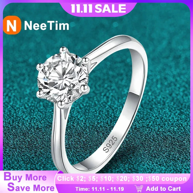 NeeTim 0.3ct 4mm Moissanite Diamond Ring for Women S925 Sterling Silver with Gold Plated Eternity Band Wedding Party Jewelry