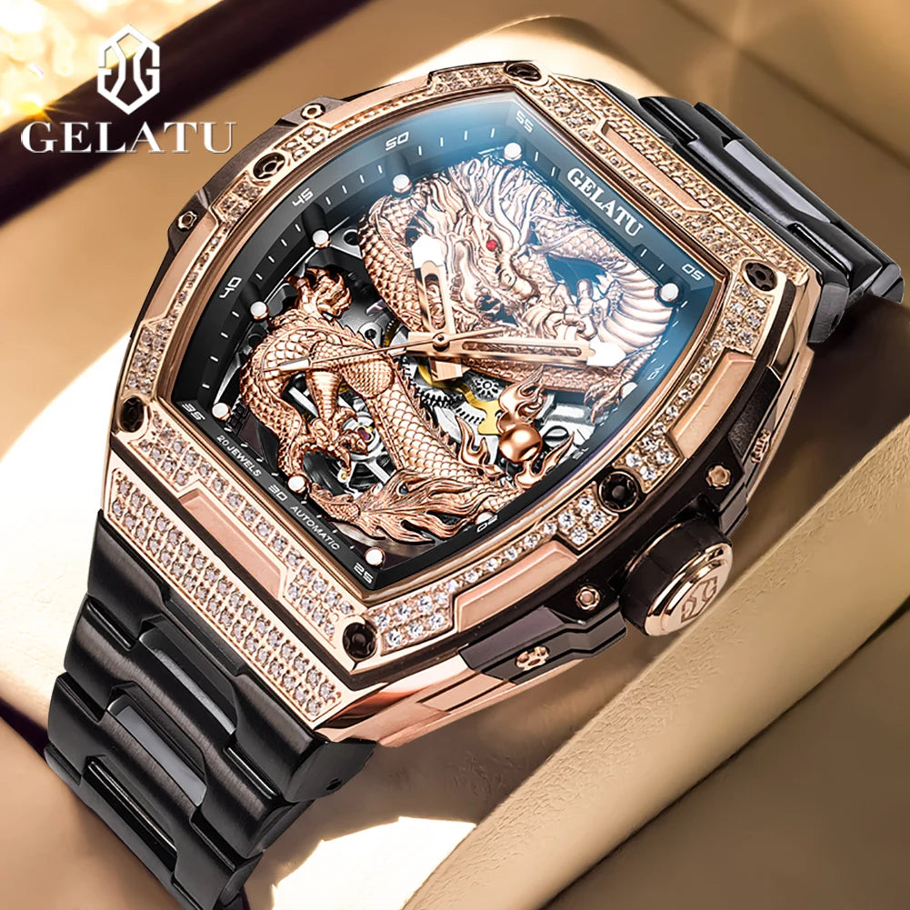 GELATU 6021 Men's Watch Fashion Automatic Mechanical Watch For Men Hollow Waterproof Luminous Dragon Dial Luxury Man Wristwatch