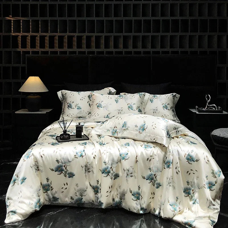 Luxury Palace Style Silk Bedding Set HighEnd Soft Silky Satin Quilt Cover Set Printed Queen King Duvet Cover Gift for Your Lover