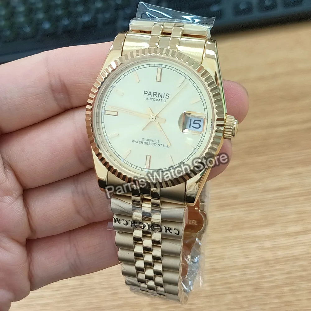 Parnis 36mm Gold Color Luminous Mark Automatic Men's Wristwatch 5 ATM Stainless Steel Jubilee Bracelet
