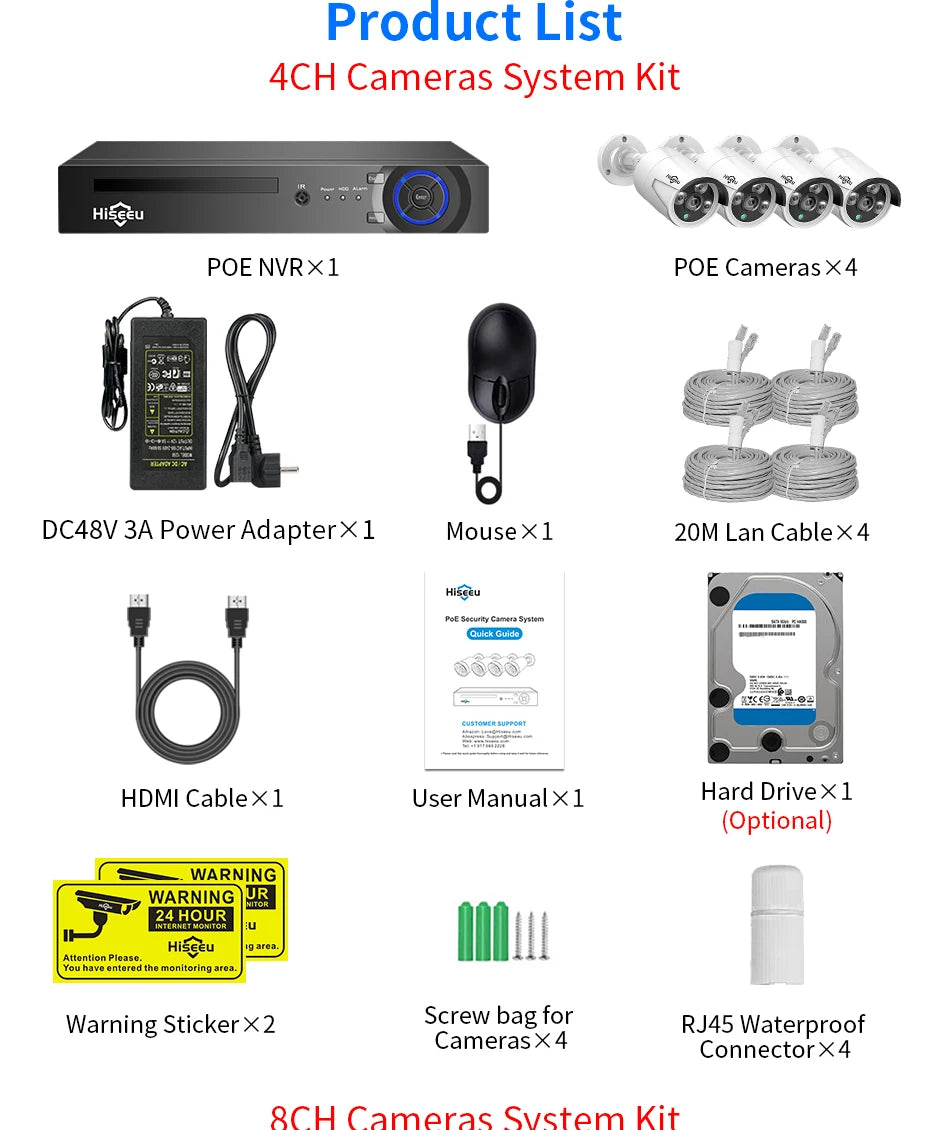 Hiseeu 5MP 3MP 8CH POE NVR Video Audio Record ONVIF CCTV IP Security Surveillance Camera System Kit Set Outdoor House Waterproof