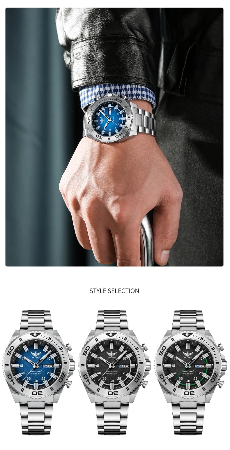 YELANG New Design Human Kinetic Energy Watches Waterproof 100m H3 Gas Self luminescent Nightlight 10Bar Diving Grade V1035