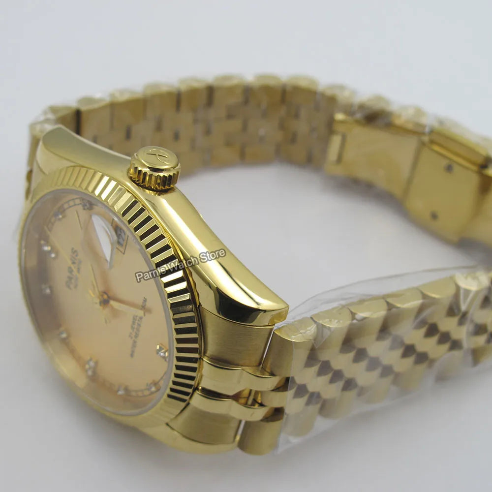 Parnis 36mm Gold Color Luminous Mark Automatic Men's Wristwatch 5 ATM Stainless Steel Jubilee Bracelet