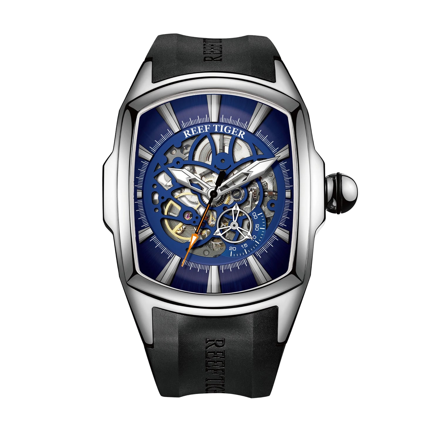 Reef Tiger Men's 316L Stainless Steel Skeleton Automatic Watch Wine Barrel Hollow Waterproof Mechanical Sport Watches RGA3069-S