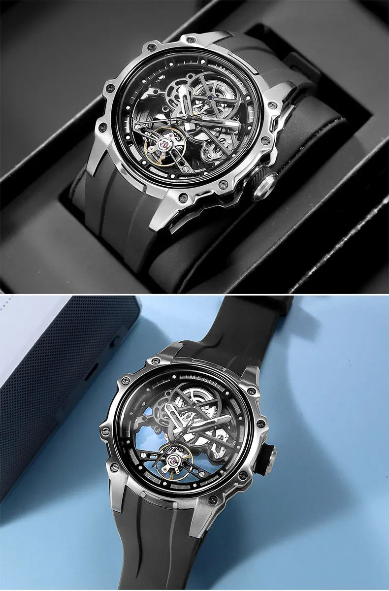 MEGIR Skeleton Dial Automatic Mechanical Watch Men Stainless Steel Case Waterproof Luminous Sport Wristwatch with Silicone Strap