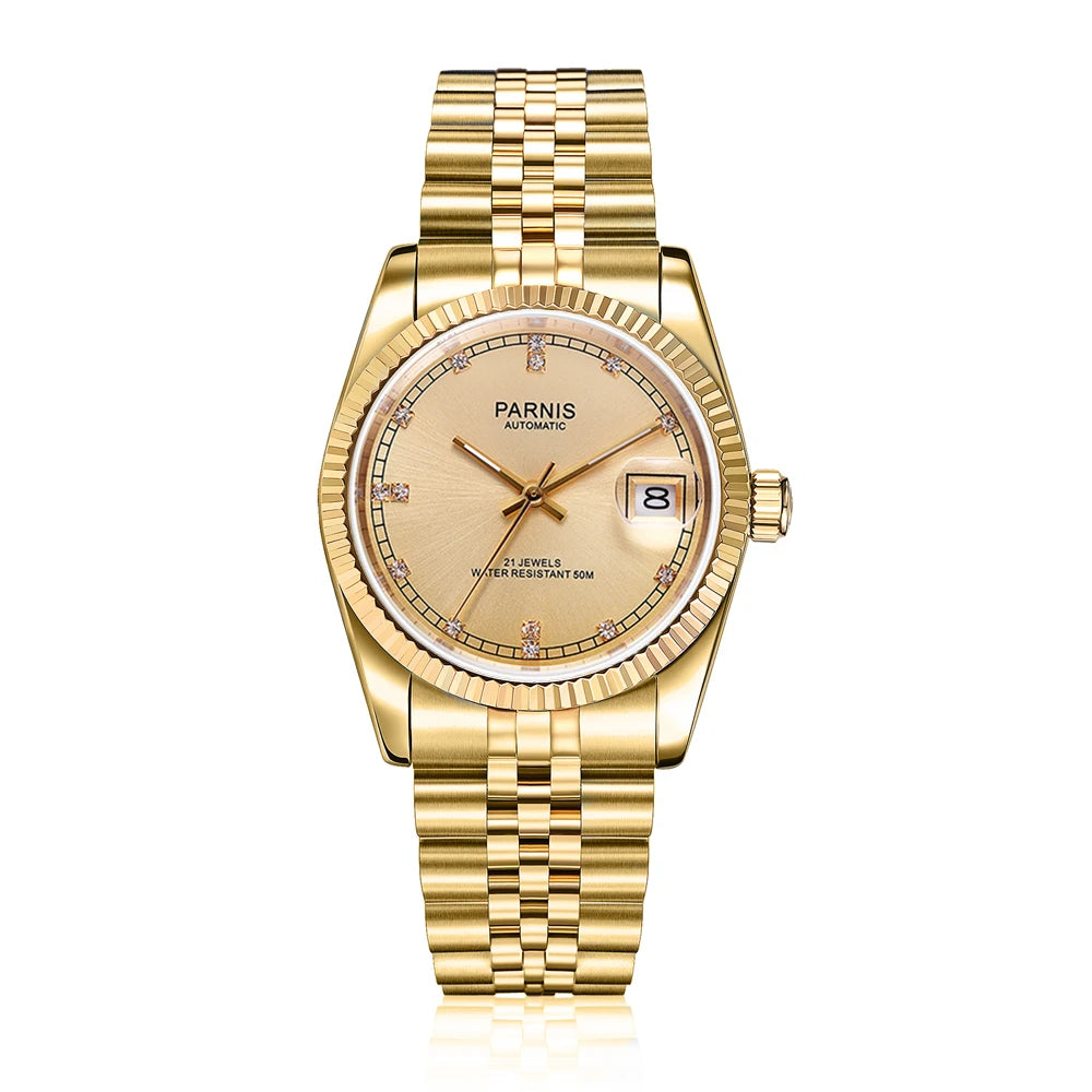 Parnis 36mm Gold Color Luminous Mark Automatic Men's Wristwatch 5 ATM Stainless Steel Jubilee Bracelet