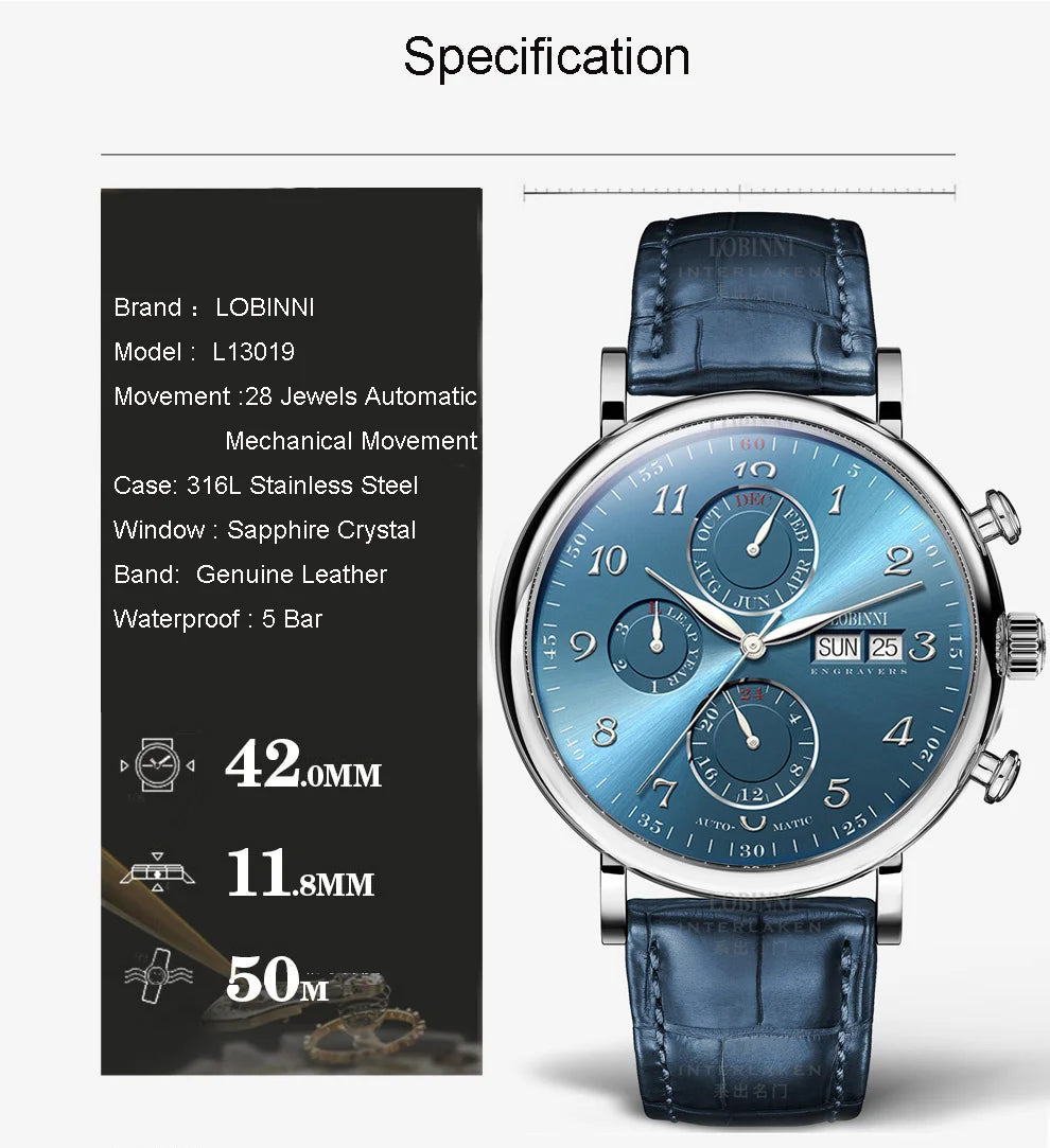 LOBINNI Luxury Brand Switzerland Perpetual Calendar Automatic Mechanical Men's Watches Sapphire Multi-function Clock L13019-8