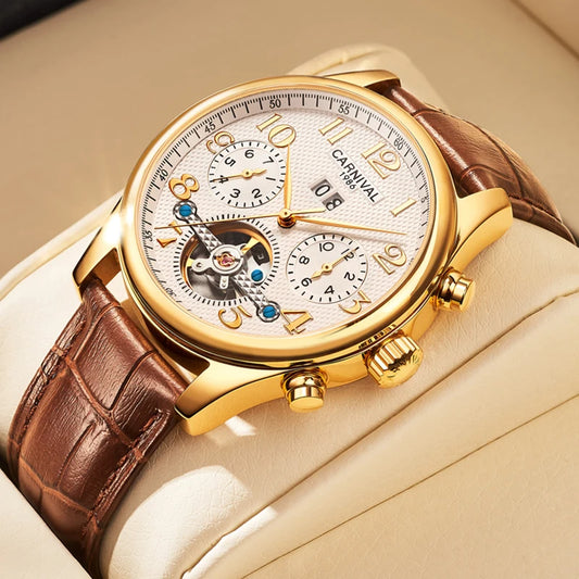 Carnival Brand Luxury Tourbillon Watches Leather Calendar Week Month High-End Mechanical Watch Business Men Automatic Clock