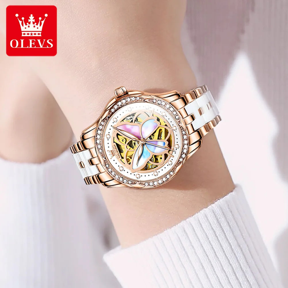 OLEVS Luxury Fashion Women's Watches Colorful Butterfly Dial Original Brand Automatic Mechanical Wristwatch Ceramics Strap Trend