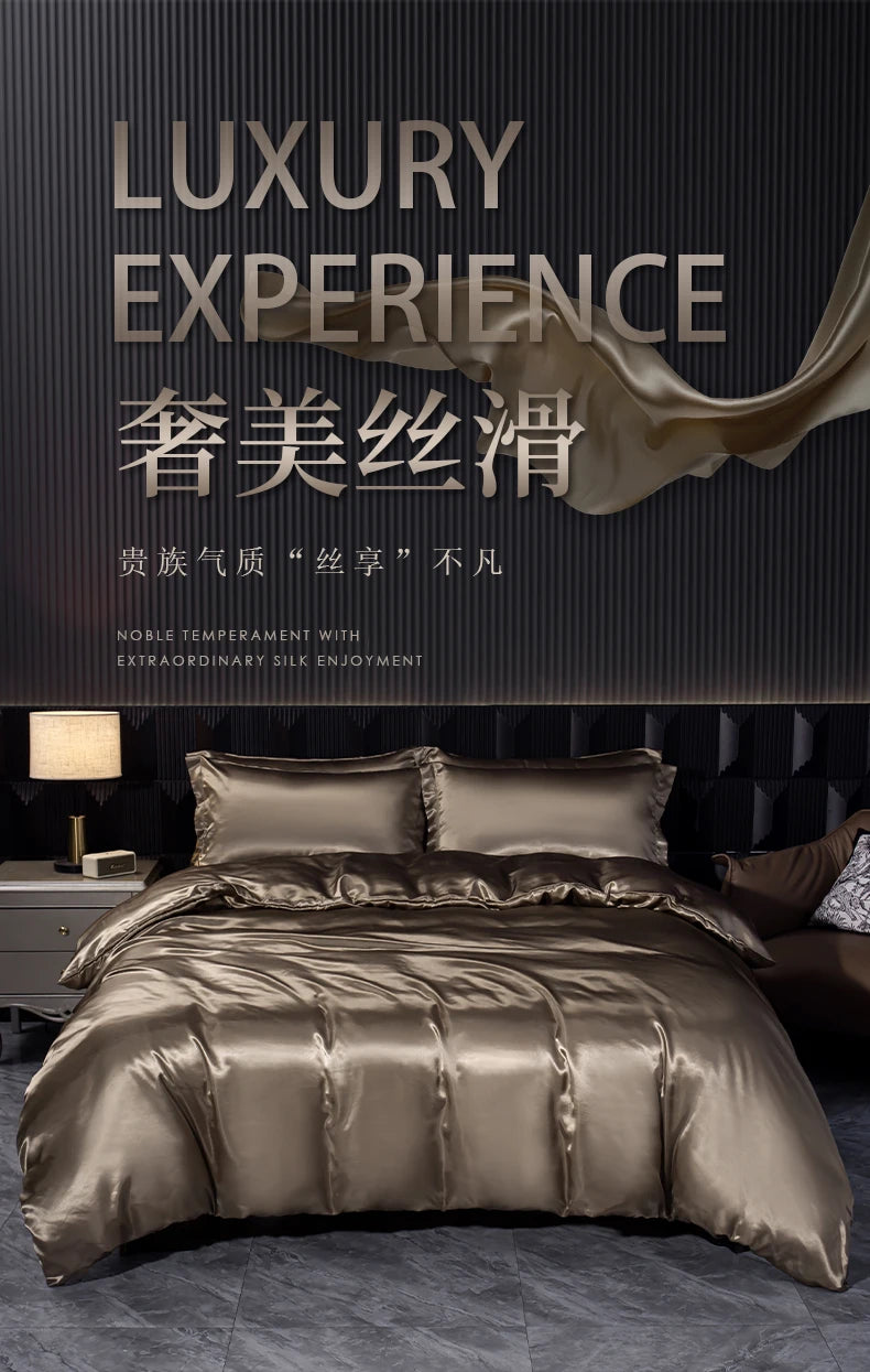 Solid Silk Bedding Set with Duvet Cover Bed Sheet Pillowcases Luxury Satin Single Double Bedsheet King Queen Twin Size