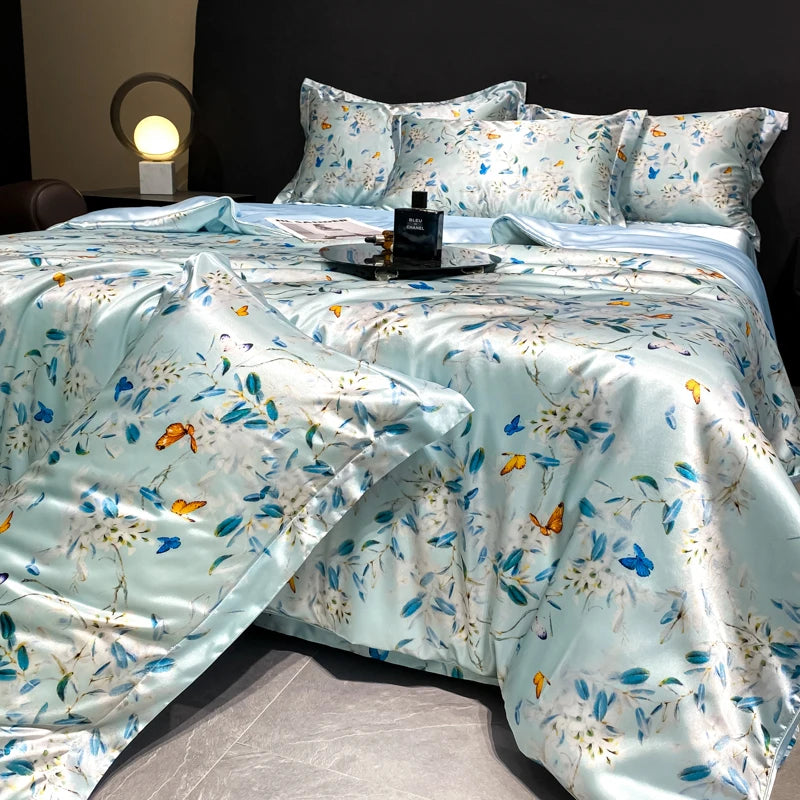 2025 new high-end luxury silky Sleeping naked digital printing washed silk style Bedding Set Duvet Cover Bed Sheet Pillowcases