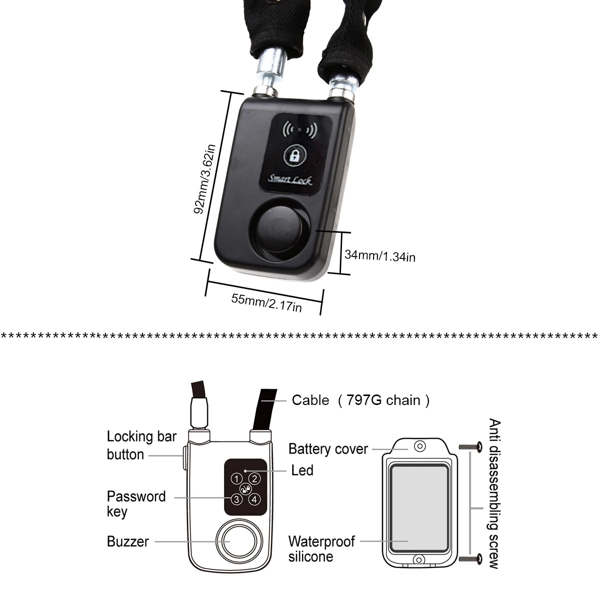 Smart Bluetooth Chain Lock Keyless Bike/Motorcycle Gate/Door Lock With Anti Theft Alarm 110Db APP Phone Control
