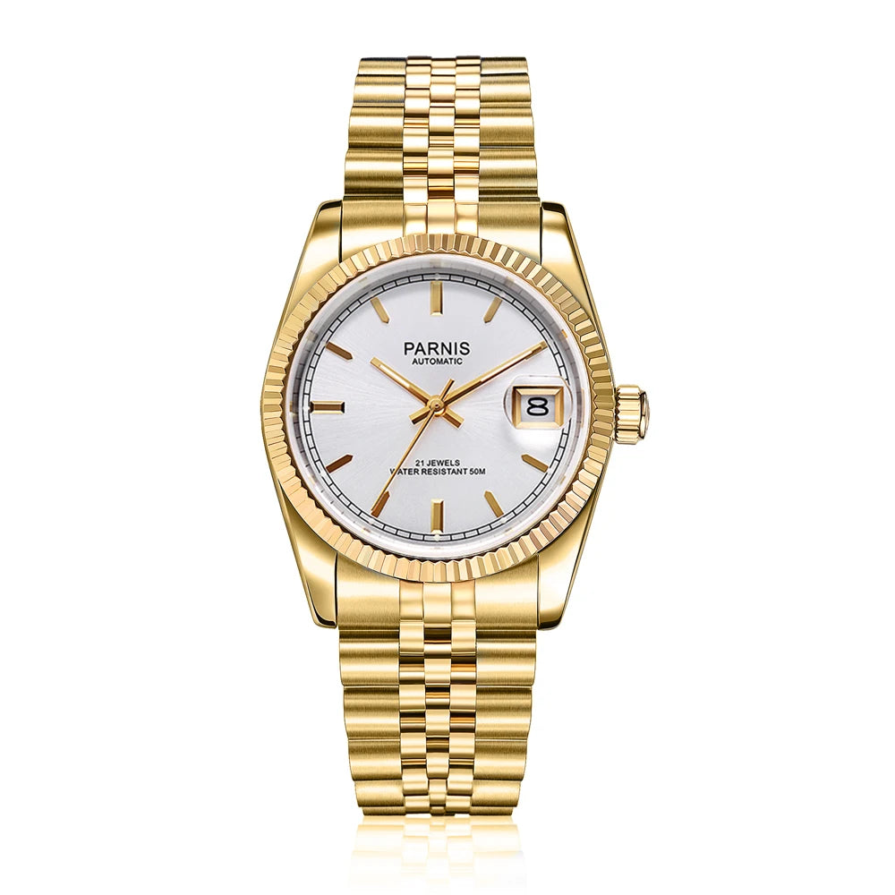Parnis 36mm Gold Color Luminous Mark Automatic Men's Wristwatch 5 ATM Stainless Steel Jubilee Bracelet