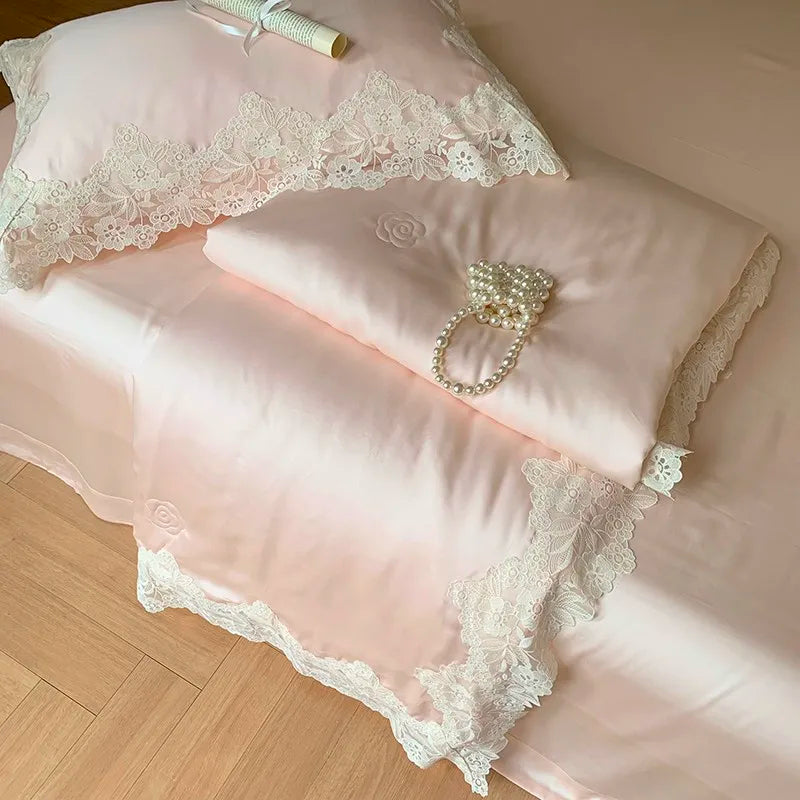 100%Eucalyptus Lyocell Cream White Lace Soft Silky Textured Wrinkle-Free Summer comforter Blanket 1Pc Flat sheet 2Pillow shams
