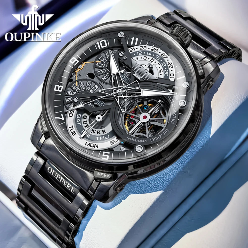 OUPINKE 3278 Herrenuhr, Luxus-Automatikuhr mit Schwungrad, Skelett-Uhrwerk, 50 m wasserdicht, Edelstahl 316L