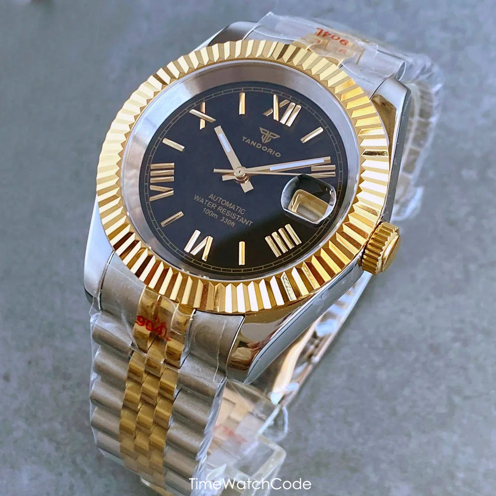 Montre automatique de luxe Tandorio Business pour homme, mouvement NH35A, cadran classique à chiffres romains, lunette cannelée, verre saphir, 36/39 mm