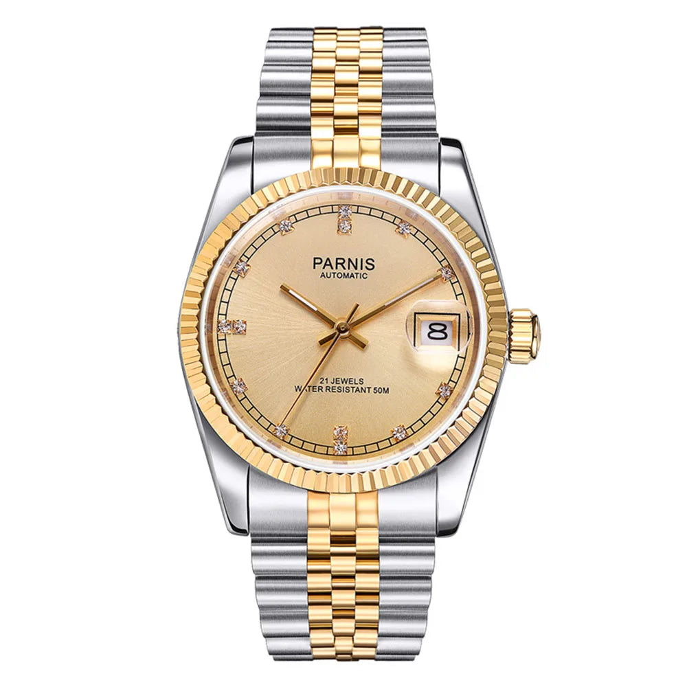 Parnis 36mm Gold Color Luminous Mark Automatic Men's Wristwatch 5 ATM Stainless Steel Jubilee Bracelet