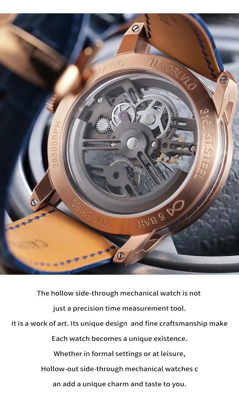 OBLVLO Men Automatic Watch 42MM Fashion Watches Mechanical Wristwatch 5AMT Waterproof Sapphire Luminous Skeleton Dial