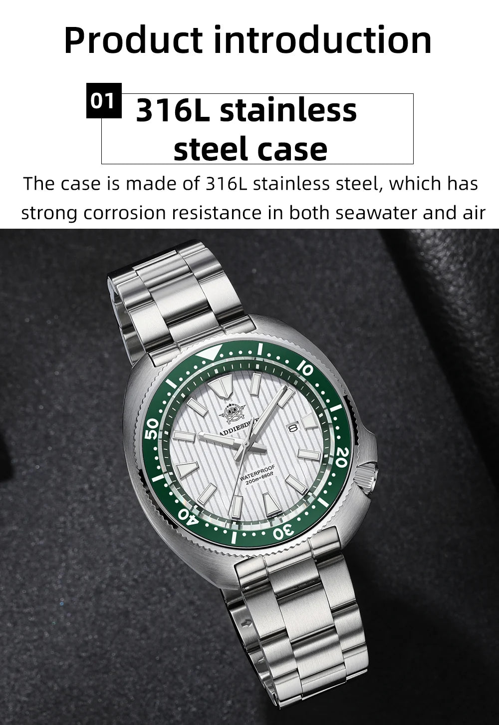 ADDIESDIVE Men's Watch Stainless Steel Sapphire Crystal Quartz Watch Men's Luminous 200M Waterproof Gift Men's Analog Watch