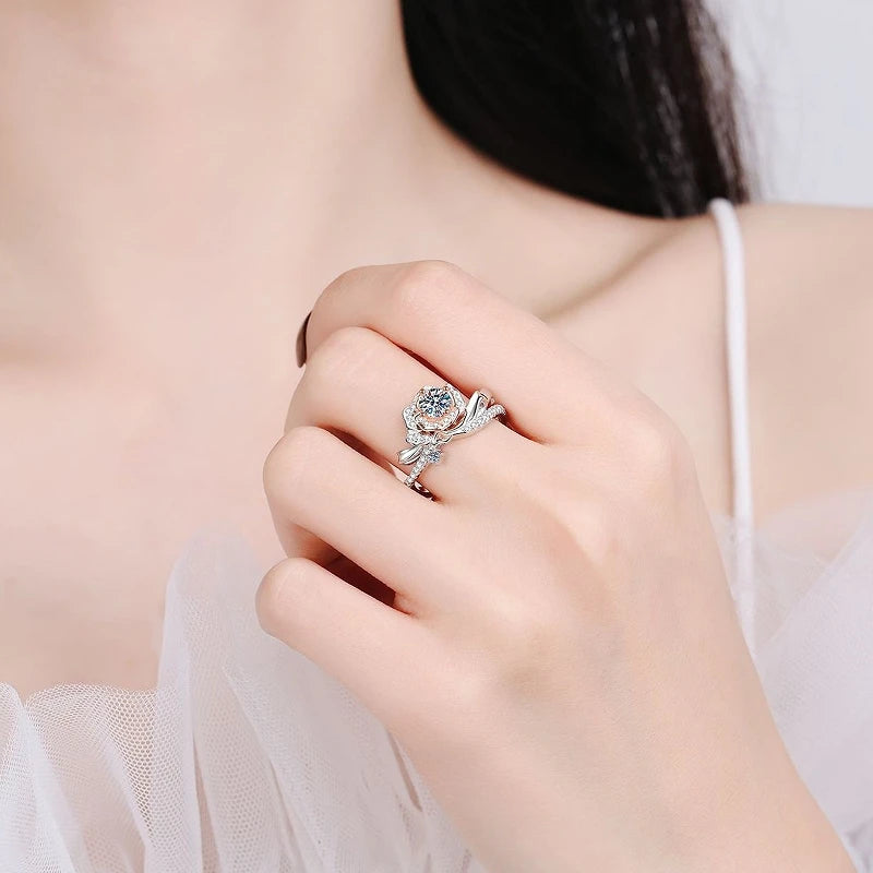 Halaile D Color Moissanite S925 Sterling Silver Rose Flower Ring Luxury Fine Jewelry Women Sparkly Bridal Wedding Gift